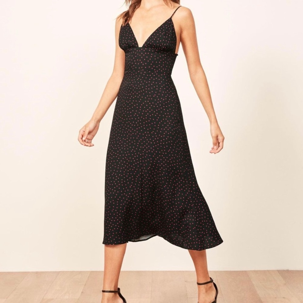 Reformation Talita Midi Dress Navy Blue and Red Tie Shoulders
